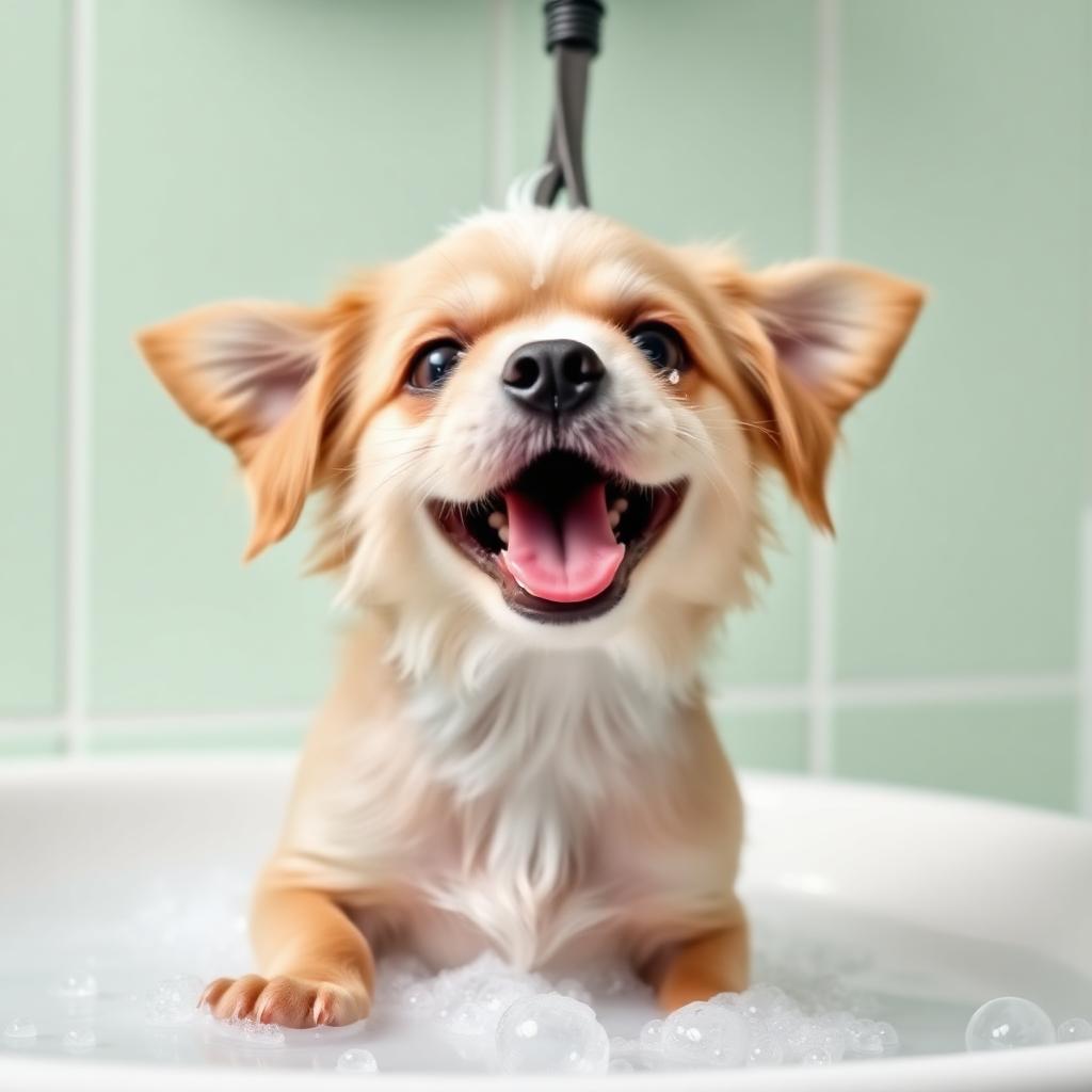 Perrito feliz durante su baño